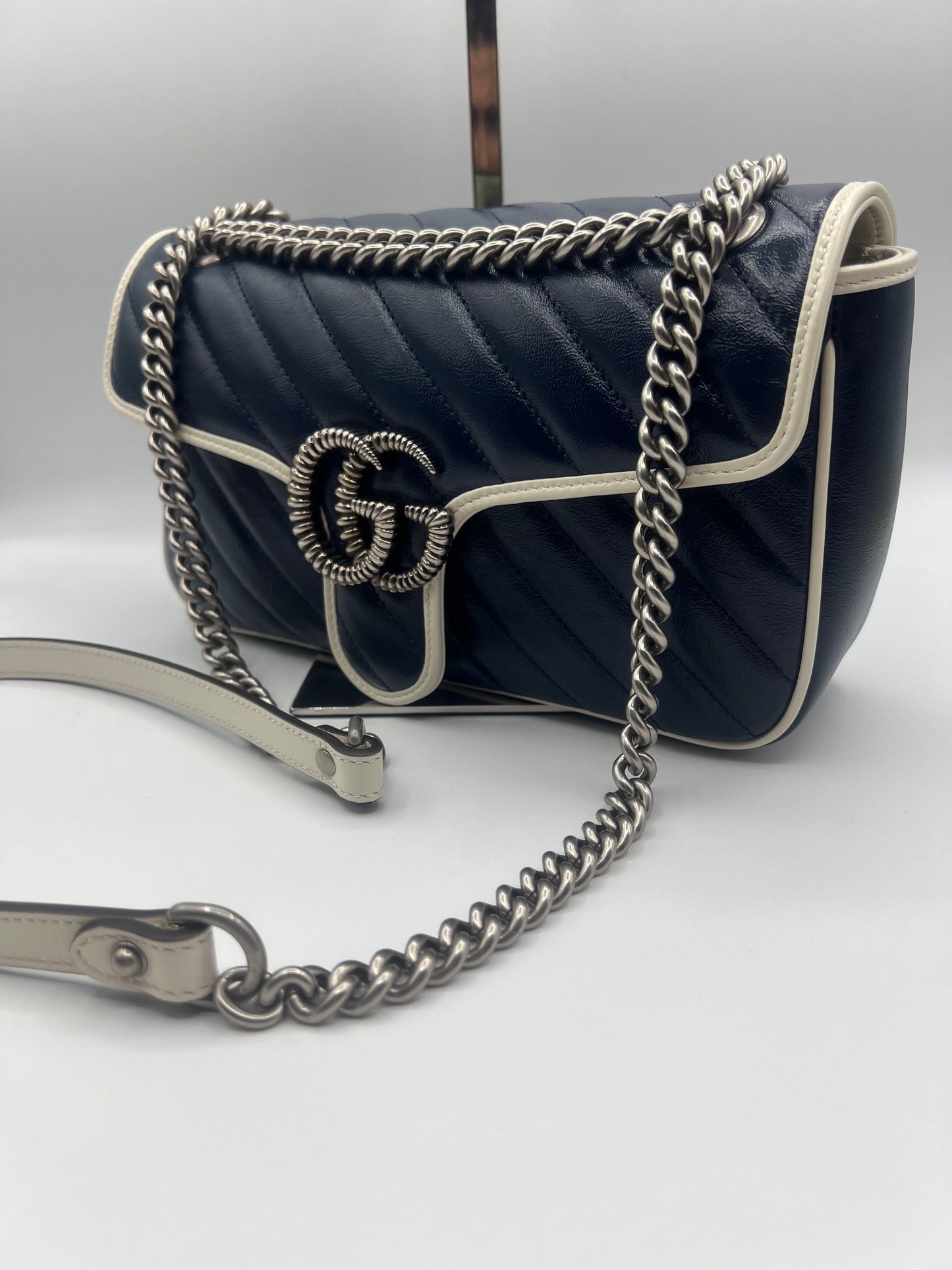 Gucci GG Marmont Leather Diagonal Azalea Small Shoulder Bag 443497 Navy White