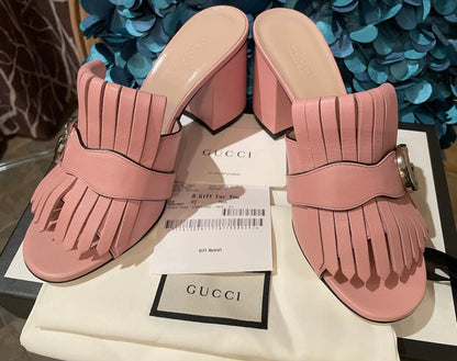 Gucci Marmont GG Wild Rose Fringe Mules Sandals Heels Shoes 37.5 EU/7US 628005