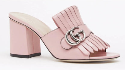 Gucci Marmont GG Wild Rose Fringe Mules Sandals Heels Shoes 37.5 EU/7US 628005