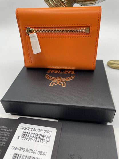 NWT MCM Fold Mini Wallet, Card Holder With Gold logo MSRP $375 Persimmon Orange