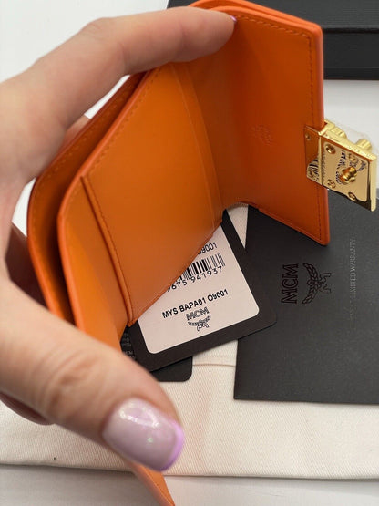 NWT MCM Fold Mini Wallet, Card Holder With Gold logo MSRP $375 Persimmon Orange