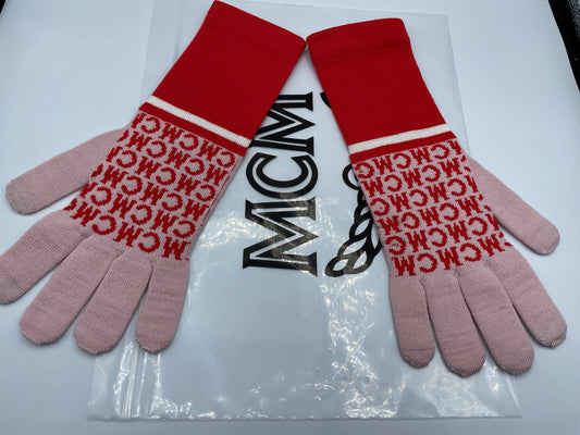 MCM Merino Wool Womens Gloves Red Logo/ light Pink Size M/L Limited Edition.