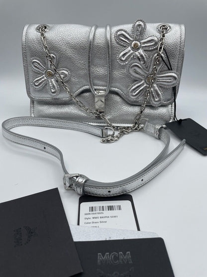 Limited Edition!* MCM Run Candy Floral Appliqué Leather Shoulder Bag In Silver