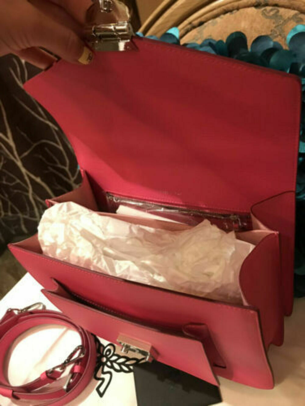 MCM Patricia Visetos Block Leather Satchel Crossbody Bag In Pink - Myluxurytrunk