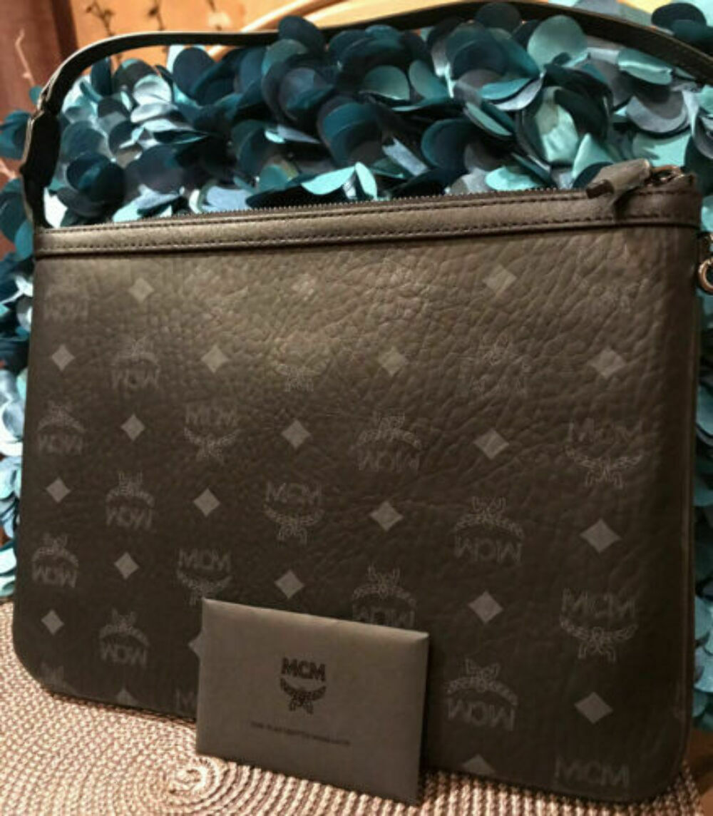 MCM Luggage Black Leather Pouch Clutch Bag Wallet NEW Rare Original - Myluxurytrunk