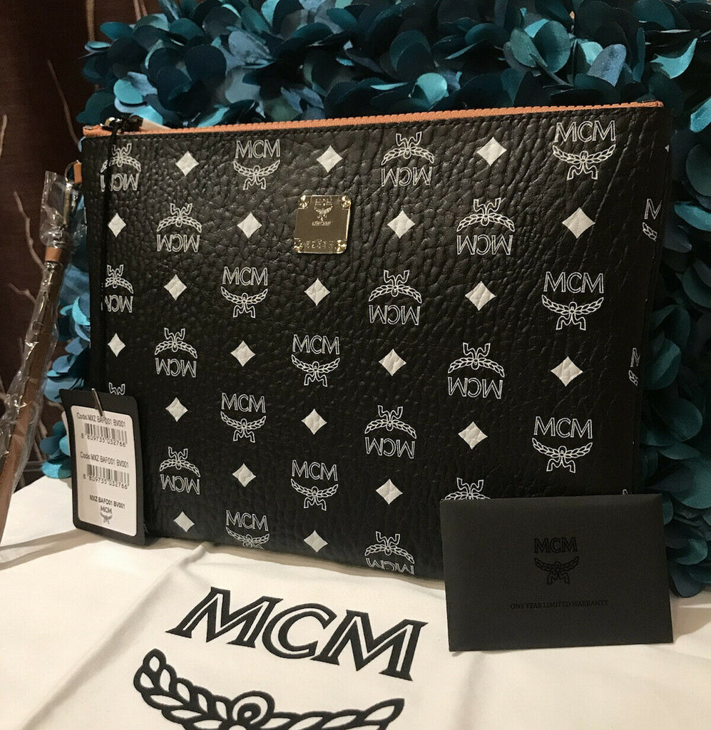 New MCM Luggage Black Leather Pouch Clutch Bag Wallet NEW Rare