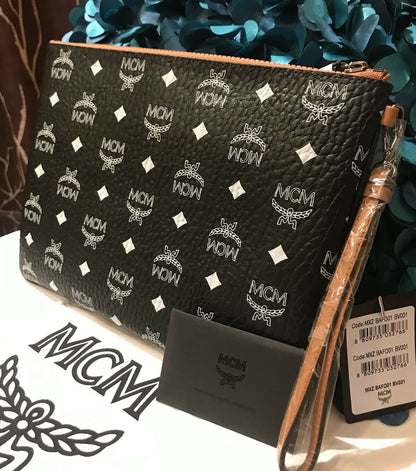 MCM White Logo Black Pouch Clutch Bag Wallet Wristlet Limited Edition + Dust Bag - Myluxurytrunk