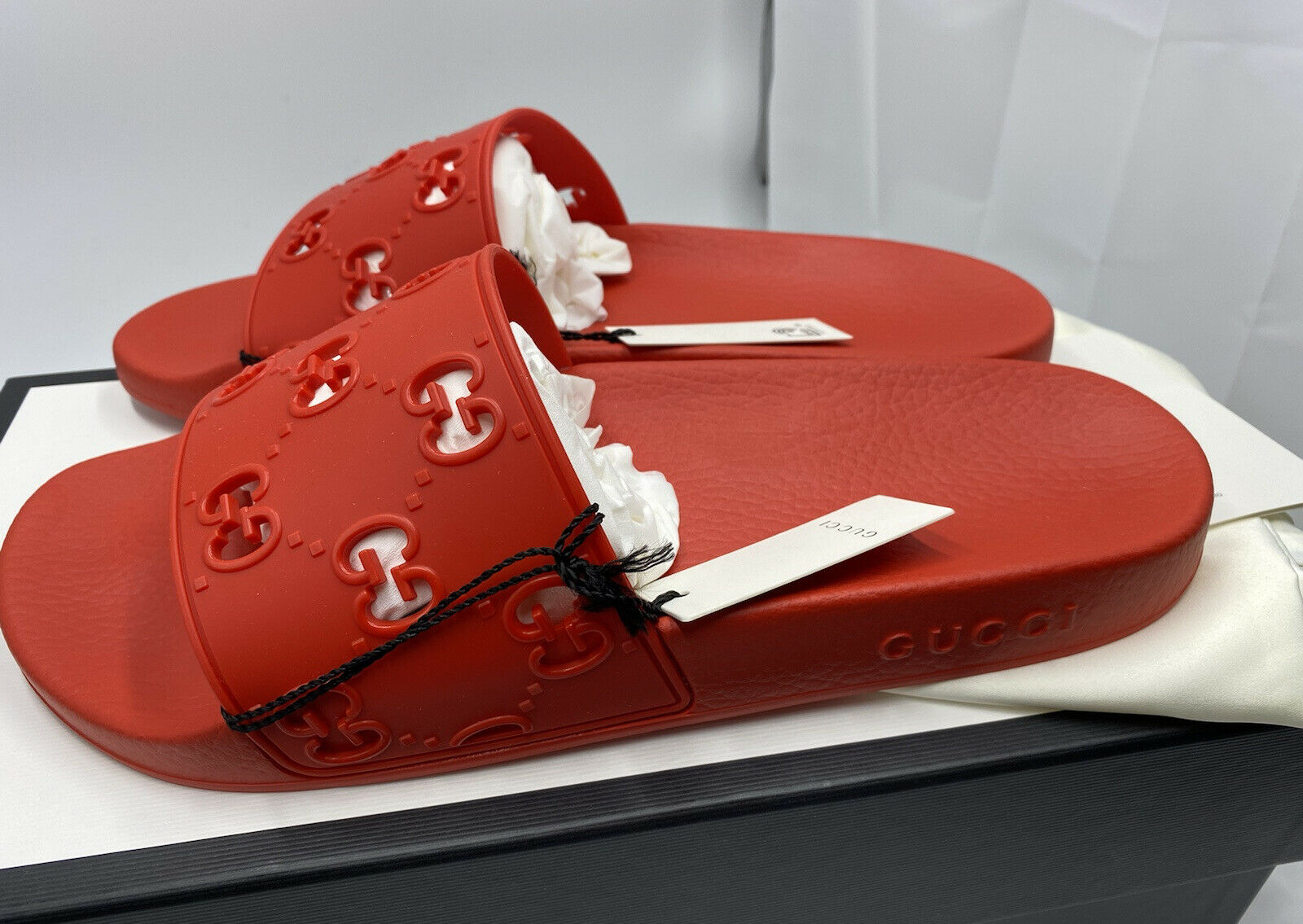 Gucci GG Men's Unisex Cutout Rubber Red Slides Sandals - Myluxurytrunk